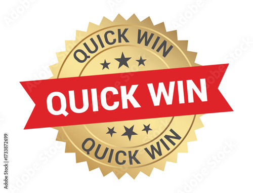 A golden badge with a red ribbon displaying the text quick win