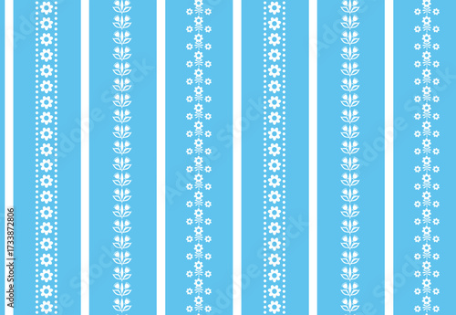 soft delicate pastel blue and white floral botanical scandinavian ticking stripe with scandi flowers and leaves seamless pattern , vector illustration repeat design print