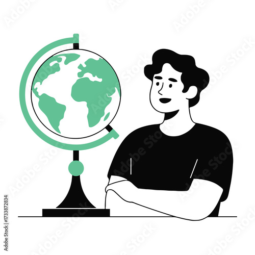 Vector art of a young man is looking at a globe with interest, he is standing with his arms crossed, contemplating the world