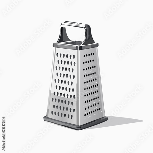 A stainless steel box grater with a black handle and base, isolated on a white background.