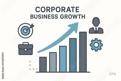 Corporate business growth concept with bar chart and arrow — financial success, strategy, and progress infographic