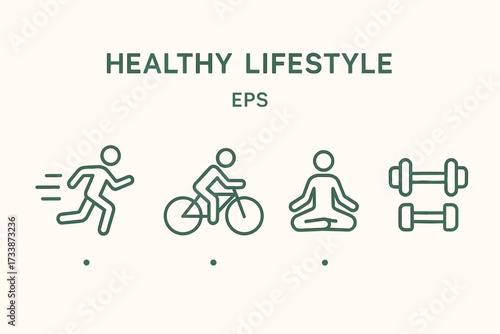 Healthy lifestyle icons set — vector symbols of running, cycling, yoga, and dumbbells for fitness, sport, wellness, and active life design