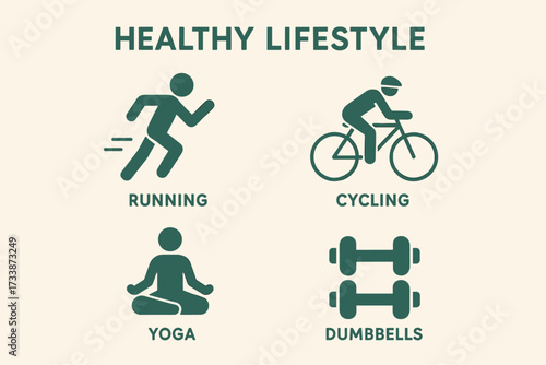Healthy lifestyle icons set — vector symbols of running, cycling, yoga, and dumbbells for fitness, sport, wellness, and active life design