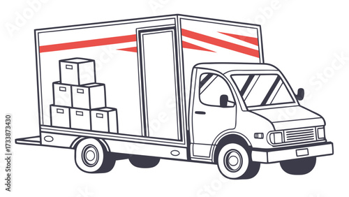 Red striped delivery truck with stacked boxes cargo