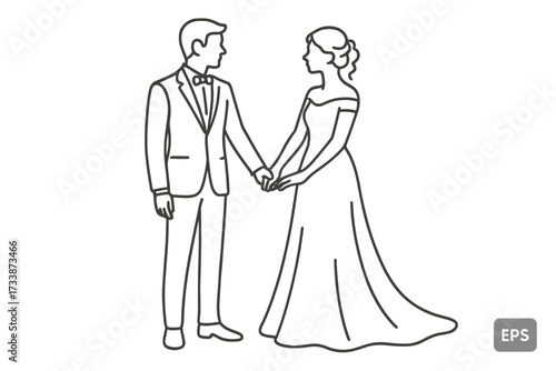 Bride and groom holding hands — minimalist wedding couple line art illustration in black outline style for romantic design and invitation