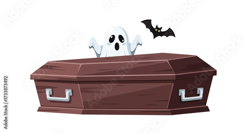 A cartoon ghost peeking out of a coffin with a bat flying above it, perfect for Halloween themes.