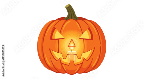 A vibrant illustration of a carved pumpkin with a lit candle inside, perfect for Halloween.