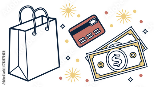 Shopping bag credit card and money on white background