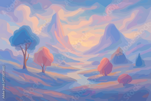 Dreamy pastel landscape with mountains and river — soft fantasy nature illustration in warm sunset colors for background, design, and concept art