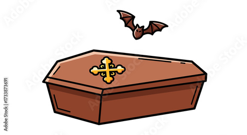 Cartoon illustration of a coffin with a cross and a bat flying above it.