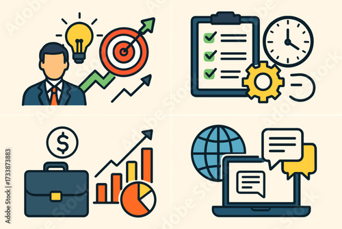 Business management and marketing strategy icons — planning, growth, analytics and communication concept illustration