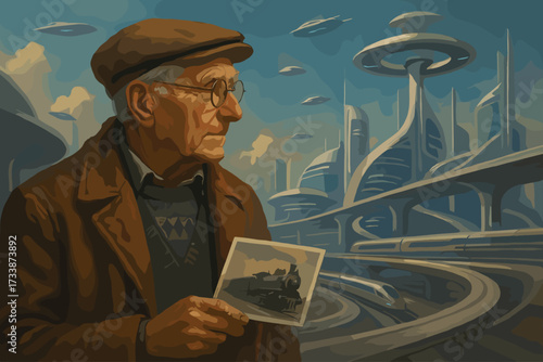Elderly man holding old photo in futuristic city