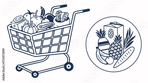 Shopping cart filled with groceries and circular food icon