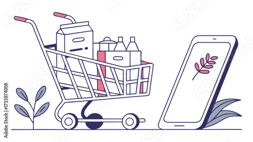 Shopping cart filled with groceries next to smartphone