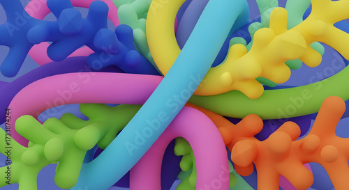 Abstract colorful organic shapes intertwined in a swirling pattern creating a dynamic and playful visual composition