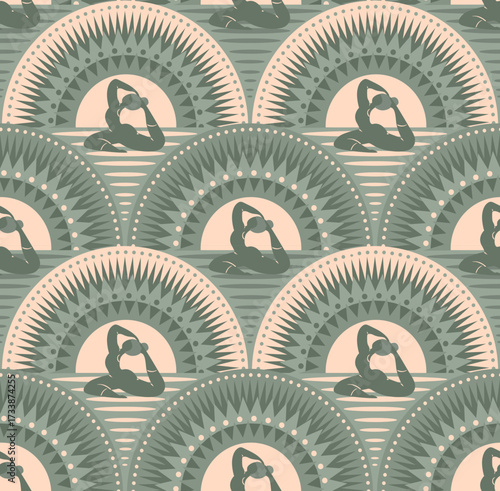 rising sun art deco arches scallops and woman in yoga workout asana seamless pattern, vector illustration repeat design print in beige cream and sage green