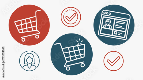 Shopping cart icons and checkmarks on white e-commerce