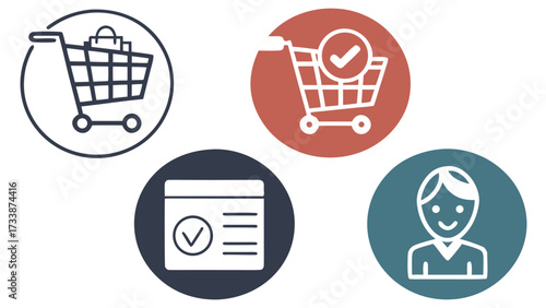 Shopping cart icons with checkmark and user profile