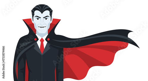 A classic cartoon vampire with pale skin and fangs, wearing a black suit and a dramatic flowing cape with a red lining.