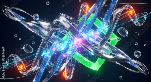 Abstract representation of atomic structure with glowing nucleus and orbiting electrons in a futuristic, digital environment, symbolizing science and technology