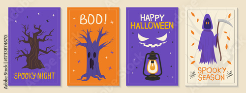 A set of four Halloween banners featuring spooky themes. Designs include a haunted tree, a lantern, and a ghostly figure. Colors are purple, orange, and black