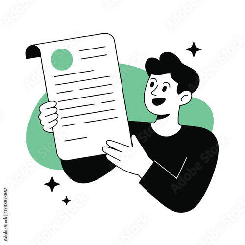 Vector art of a man is holding a document in his hands he is smiling and looking at the document, happy with the results