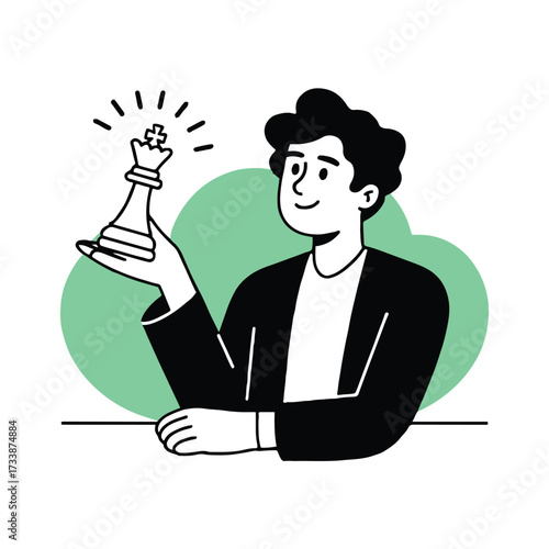 Vector art of a man is holding a chess piece, a king, in his hand he is smiling and looking at the piece, thinking about strategy