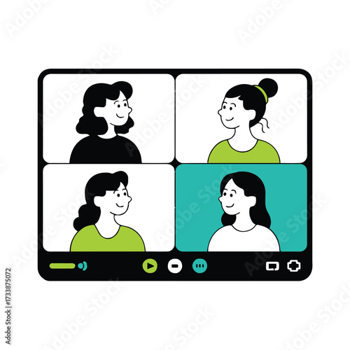 Vector art of online meeting with four women on a computer screen, showcasing virtual communication and collaboration