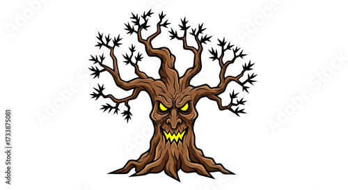 A spooky, gnarled, and menacing cartoon tree with a face carved into its trunk, appearing to grin with sharp teeth and glowing yellow eyes.