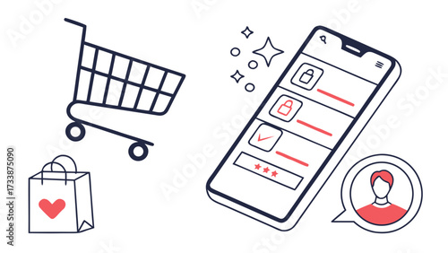 Shopping cart phone and shopping bag icons on white background
