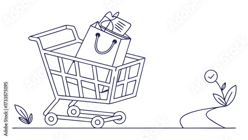 Shopping cart with bag and items on white background