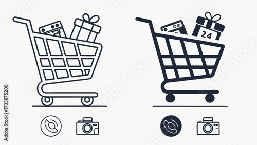 Shopping cart with gifts and camera icons present