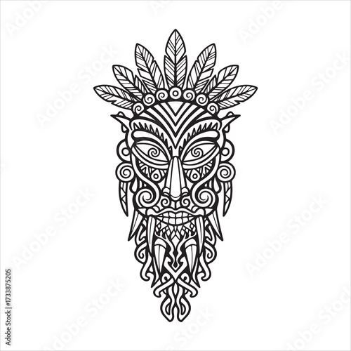 Intricate tribal mask with ornamental feathers and detailed patterns, ethnic tattoo-style vector art