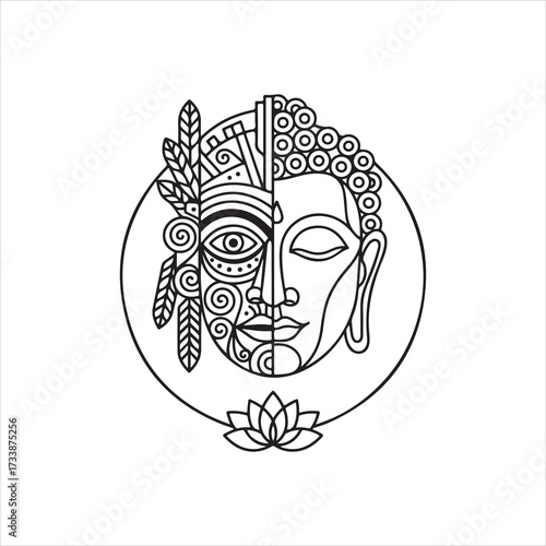 Intricate tribal mask with ornamental feathers and detailed patterns, ethnic tattoo-style vector art design