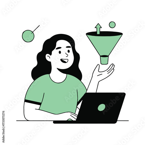 Vector art of a woman using a laptop with a sales funnel illustration, representing conversion optimization