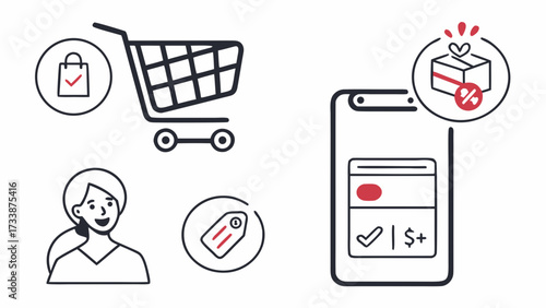 Shopping icons with person and phone shopping cart