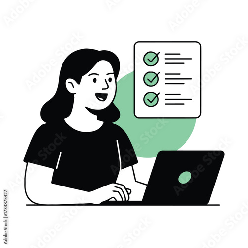 Vector art of a woman is working on her laptop and checking her todo list, she is smiling and happy to be productive and efficient