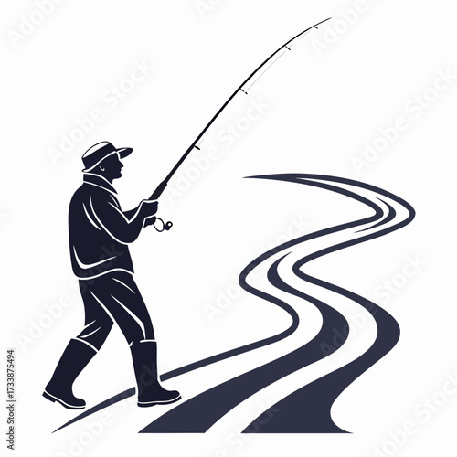 Silhouette fisherman casting rod by winding river fishing
