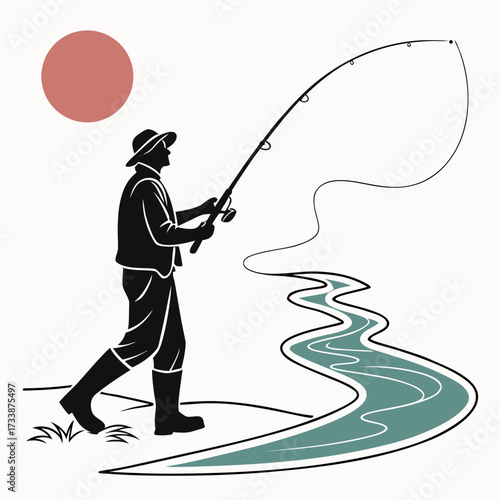 Silhouette fisherman casting rod by river under sun