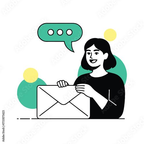 Vector art of a woman is holding a big envelope and reading a message, she is smiling and happy to receive good news and communicate