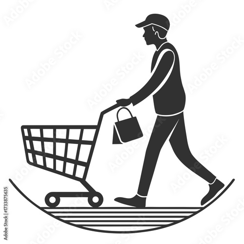 Silhouette man with shopping cart and bag on curved lines