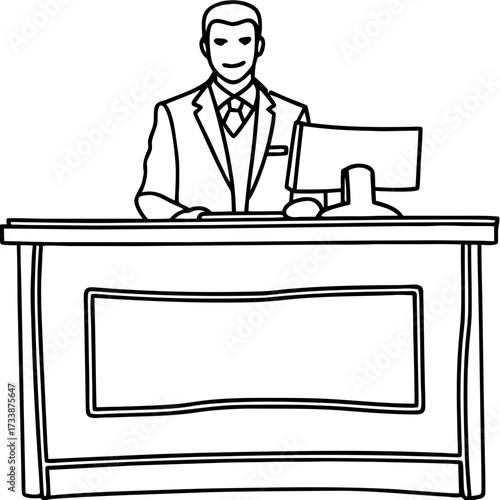 Hotel Receptionist at Front Desk with Computer for Hospitality Websites, Travel Blogs, Business Presentations, and Service Industry Advertising