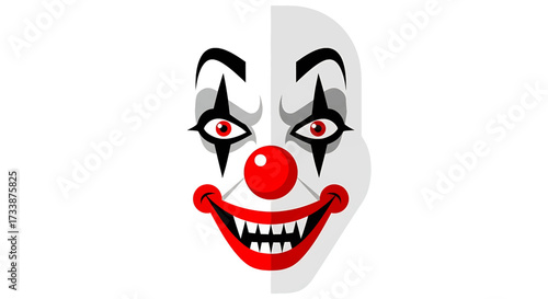 Creepy clown face with red nose and evil eyes.