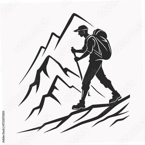Silhouette of a hiker climbing a mountain with poles