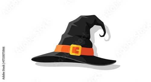 A detailed illustration of a black witch's hat with an orange band and a golden buckle.