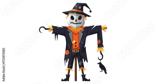 Cartoon scarecrow with a crow, wearing a hat and orange and black clothing.