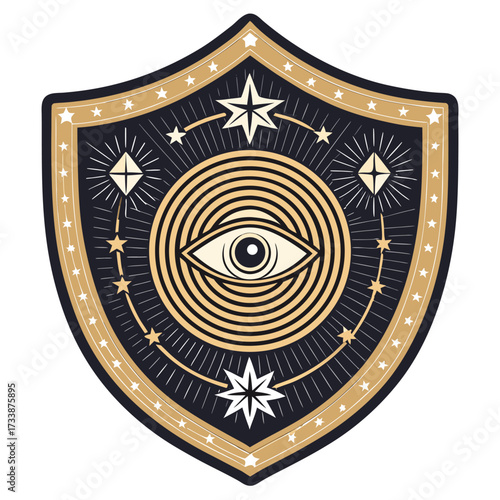 A shield emblem featuring an all-seeing eye surrounded by stars.
