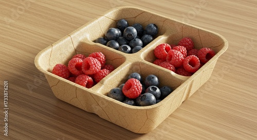 Delicious and vibrant raspberries and blueberries in an eco friendly container offer a refreshing and healthy snack, perfect for a balanced lifestyle today