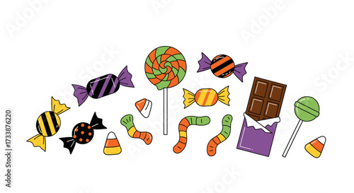 A colorful assortment of Halloween candies including wrapped sweets, lollipops, candy corn, gummy worms, and a chocolate bar.