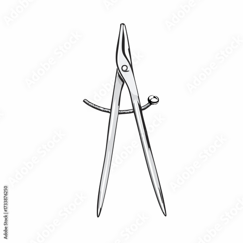 Detailed black and white illustration of a drafting compass or divider tool, used for drawing circles and measuring distances in technical design.